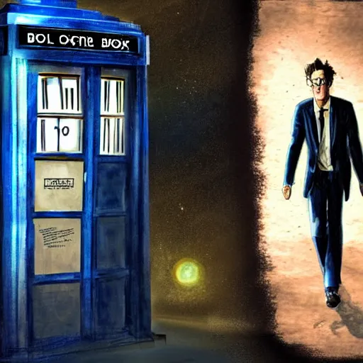 Prompt: Portait of The Tenth Doctor stepping out of the Tardis with his companion Rose, Sci Fi concept art