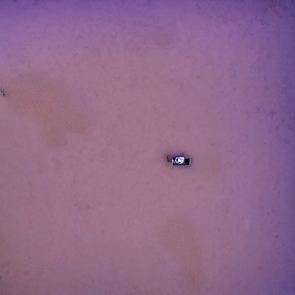 Image similar to drone view of iridiscent oil spill in desert dunes of sand tempest with women corpses connected by cables and computers to wax forms to a buried baby relaxing on yoga mat, faded, purple gradient, dust, purple fog, depth of field, by werner herzog, hans bellmer and nadav kander, 8 k, sad atmosphere, cinematic