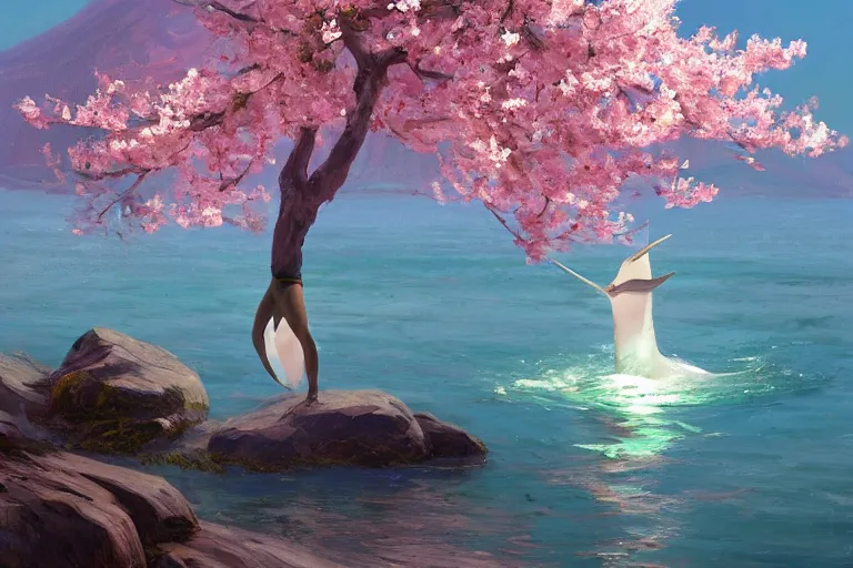 Image similar to narwhal jumping out the sea, sakura trees, sakura season dynamic lighting, landscape, artwork by jeremy lipkin and giuseppe dangelico pino and michael garmash and rob rey and greg manchess and huang guangjian and makoto shinkai, pixiv, 1 0 0 mm