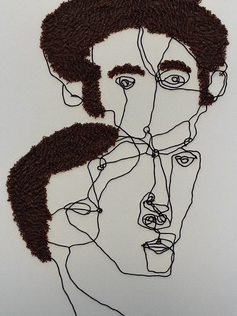 Image similar to elegant wire art portrait of an intelligent young man influenced by egon schiele. minimalist artwork full of human emotional expression and personality, strong eyes.