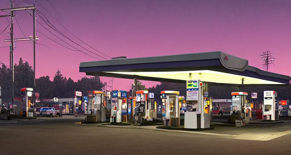 Image similar to a quaint suburban gas station at night. a colossal science fiction mech looms in the distance, realistic rendering, unreal engine, 4k, hdr, high dynamic range, f12, simon stalenhag