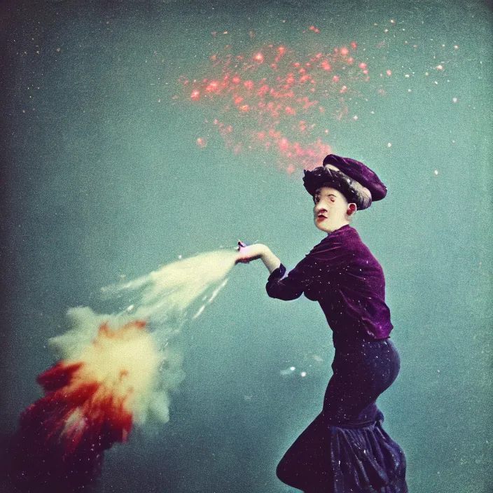 Image similar to kodak portra 4 0 0, wetplate, muted colours, blueberry, 1 9 1 0 s style, motion blur, portrait photo of a backdrop, explosions, rockets, sparkling, arcane's jinx, aka powder, by georges melies and by britt marling