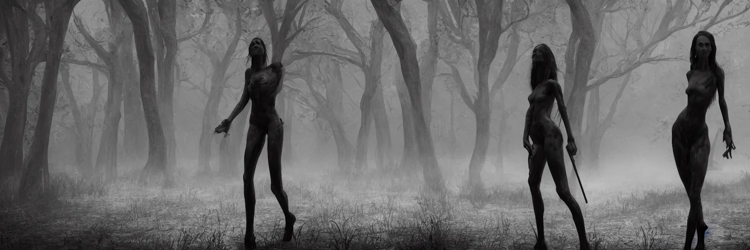 Image similar to epic fantasy render of a two beautiful skinny women body, long dark hairs, detailed anatomy, woods, black fog, black and white, highly detailed, cinematic, hyperrealism, dynamic lighting, octane render