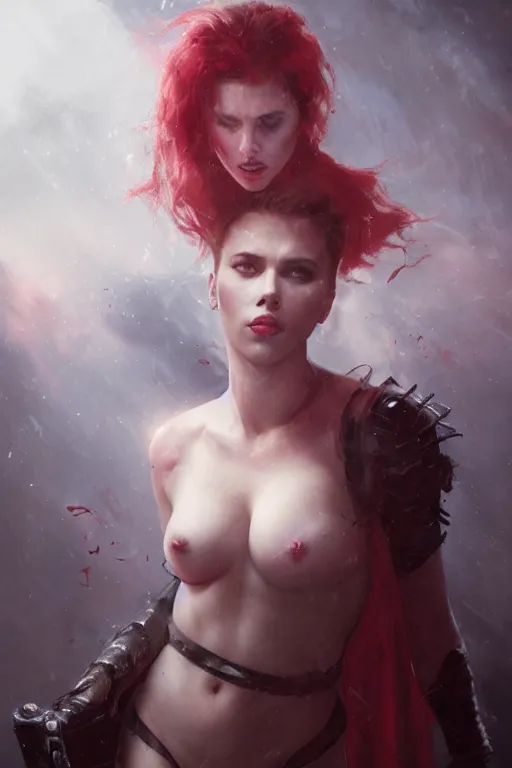 Image similar to a portrait of a very attractive Scarlett Johansson as a succubi by Greg Rutkowski, Sung Choi, Mitchell Mohrhauser, Maciej Kuciara, Johnson Ting, Maxim Verehin, Peter Konig, final fantasy , mythical, 8k photorealistic, cinematic lighting, HD, high details, atmospheric,