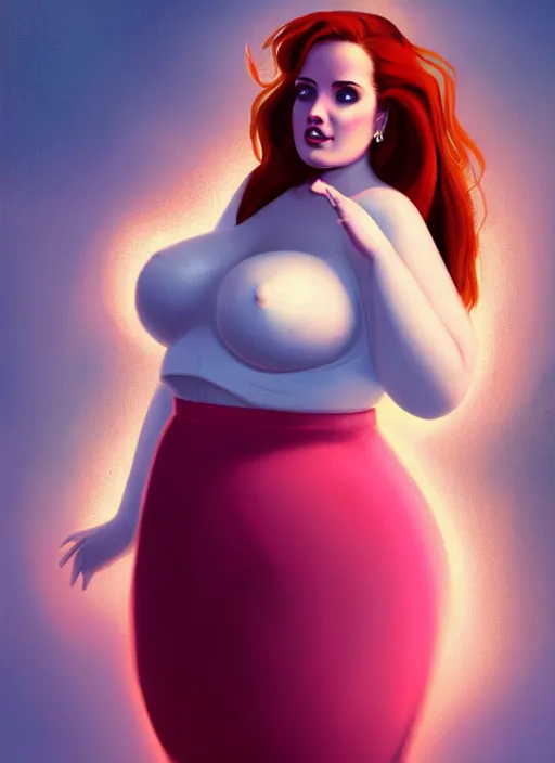 Prompt: full body portrait of teenage cheryl blossom, obese, bangs, green eyes, sultry expression, red hair, sultry smirk, bangs and wavy hair, pink skirt, obese, intricate, elegant, glowing lights, highly detailed, digital painting, artstation, concept art, smooth, sharp focus, illustration, art by wlop, mars ravelo and greg rutkowski