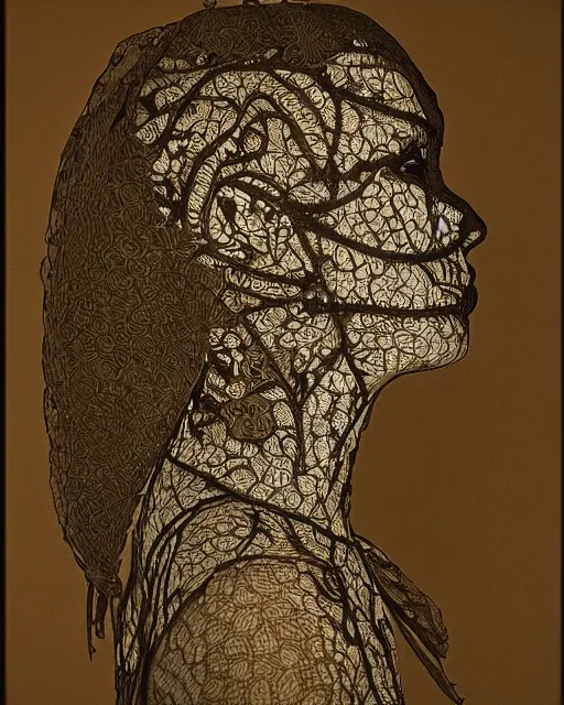 Image similar to a woman's face in profile, made of intricate decorative lace leaf skeleton, in the style of the dutch masters and gregory crewdson, dark and moody