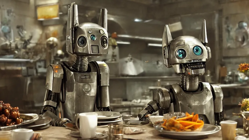 Image similar to film still from the movie chappie of the robot chappie shiny metal indoor cottage kitchen whimsy scene bokeh depth of field several figures furry anthro anthropomorphic stylized cat ears head android service droid robot machine fursona