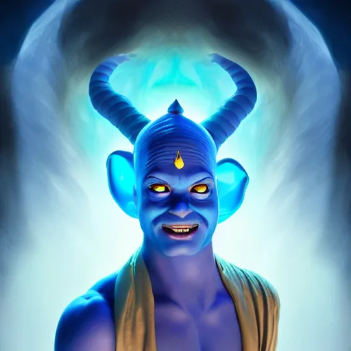 Image similar to all powerful genie, ecstatic, infinite power, manic, perfect eyes, full body shot, magical being, magic, portrait, noble, transformation, vivid colors, elegant, concept art, sharp focus, digital art, Hyper-realistic, 4K, Unreal Engine, Highly Detailed, HD, Dramatic Lighting by Brom, trending on Artstation