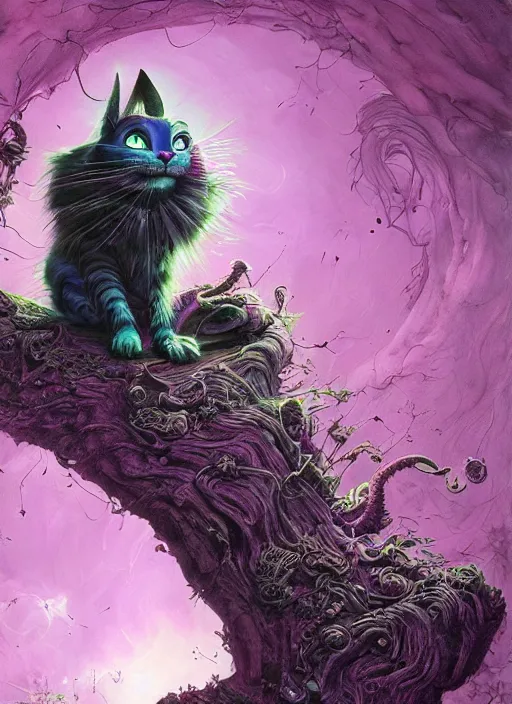 Image similar to cheshire cat, matrix, highly detailed, cinematic, 8 k, by megan duncanson, benjamin lacombe, adrian borda, stanley artgermm, tom bagshaw, craig mullins, carne griffiths, ayami kojima, beksinski, giger, trending on deviantart, hyper detailed, horror, full of colour