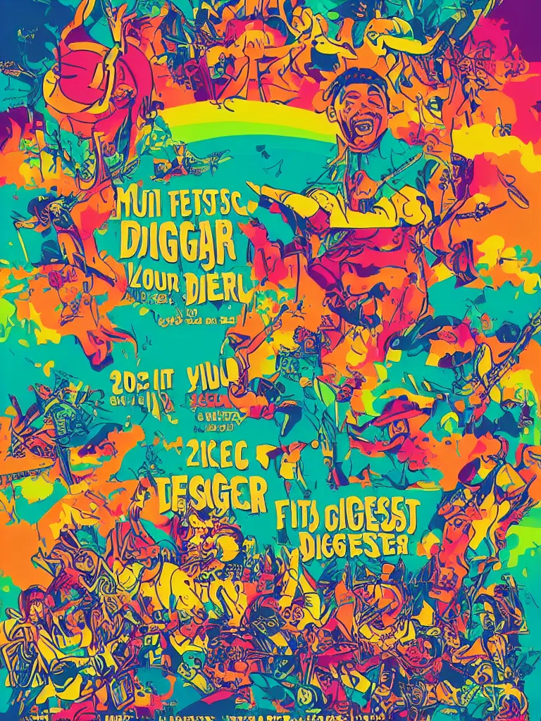 Prompt: poster for a music festival called diggerfest in the united kingdom, really good vibes, colorful, summer