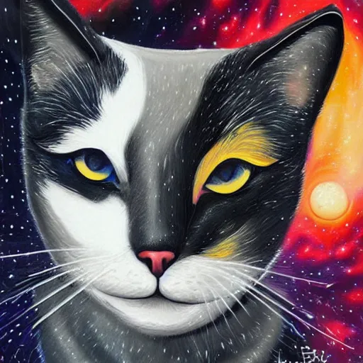 Prompt: a painting of a black and white cat in a cosmic scenic environment by sandra chevrier, hyperdetailed, beautiful, stars, planets, nebula, trending on artstation