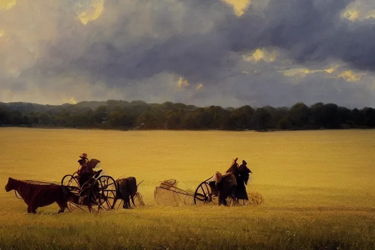 Image similar to simple amish farmers shocking hay in open fields, art by anders zorn, wonderful masterpiece by greg rutkowski, beautiful cinematic light, american romanticism thomas lawrence, greg rutkowski