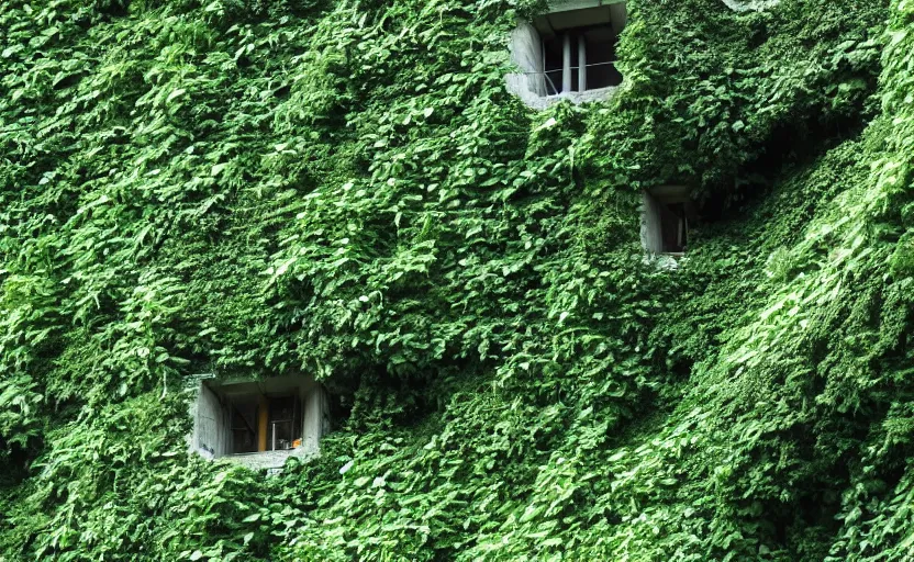 Image similar to a futuristic and overgrown brutalist building in the dolomites overgrown with ivy