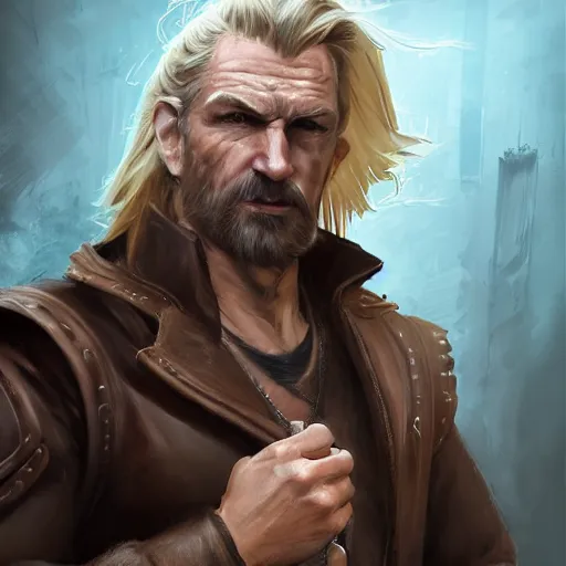 Image similar to portrait of a muscular, grim, ponytail haired blonde man in his late 30's, wearing a thick brown leather coat, looking to his side, scarred face, some beard, hunter, DnD character, fantasy character, digital art by Ruan Jia, Krenz Cushart, Rossdraws and Boris Vallejo