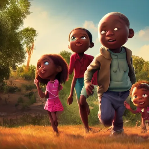 Image similar to stunning, coherent, impressive, still of black family, follow shot, 3d, in the style of pixar, comic book style, 3d, highly detailed, 16k resolution, octane renderer, coherent, cinematic lighting