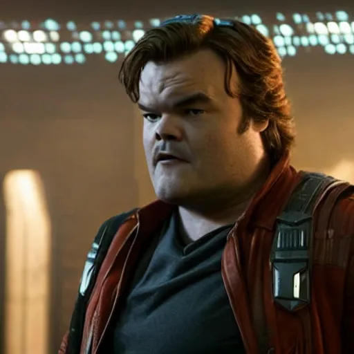 Prompt: film still of Jack Black as Star Lord in Guardians of the Galaxy