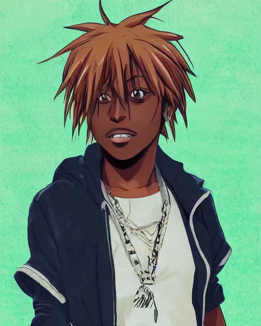 Image similar to juice wrld rapper rockstar legend as an anime character highly detailed photo realistic anime digital art