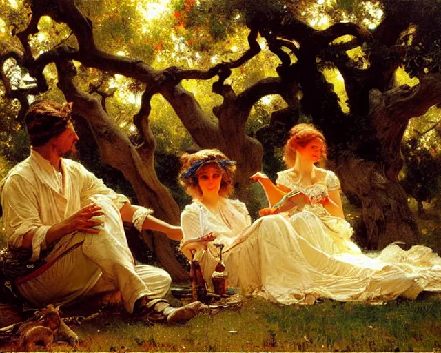 Image similar to painter painting underneath oak tree, painting by gaston bussiere, craig mullins, j. c. leyendecker