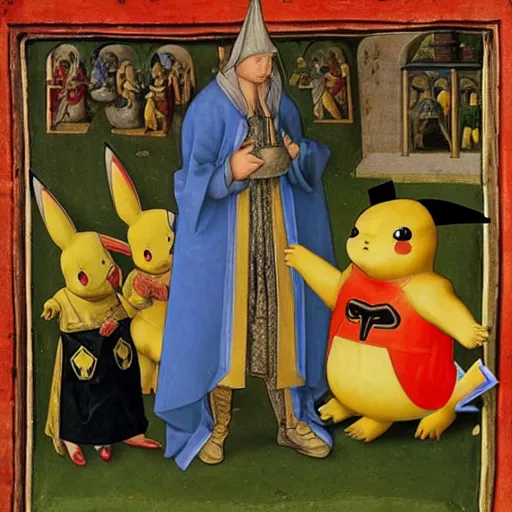 Prompt: a pikachu in a medieval painting by Jan van Eyck