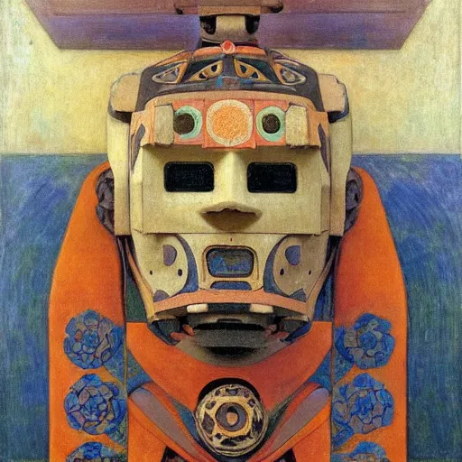 Image similar to a robot wearing a mask made of flowers, by annie swynnerton and diego rivera and nicholas roerich and jean delville, symbolist, dramatic lighting, elaborate geometric ornament, art brut, soft cool colors, smooth, sharp focus, extremely detailed, adolf wolfli and donato giancola