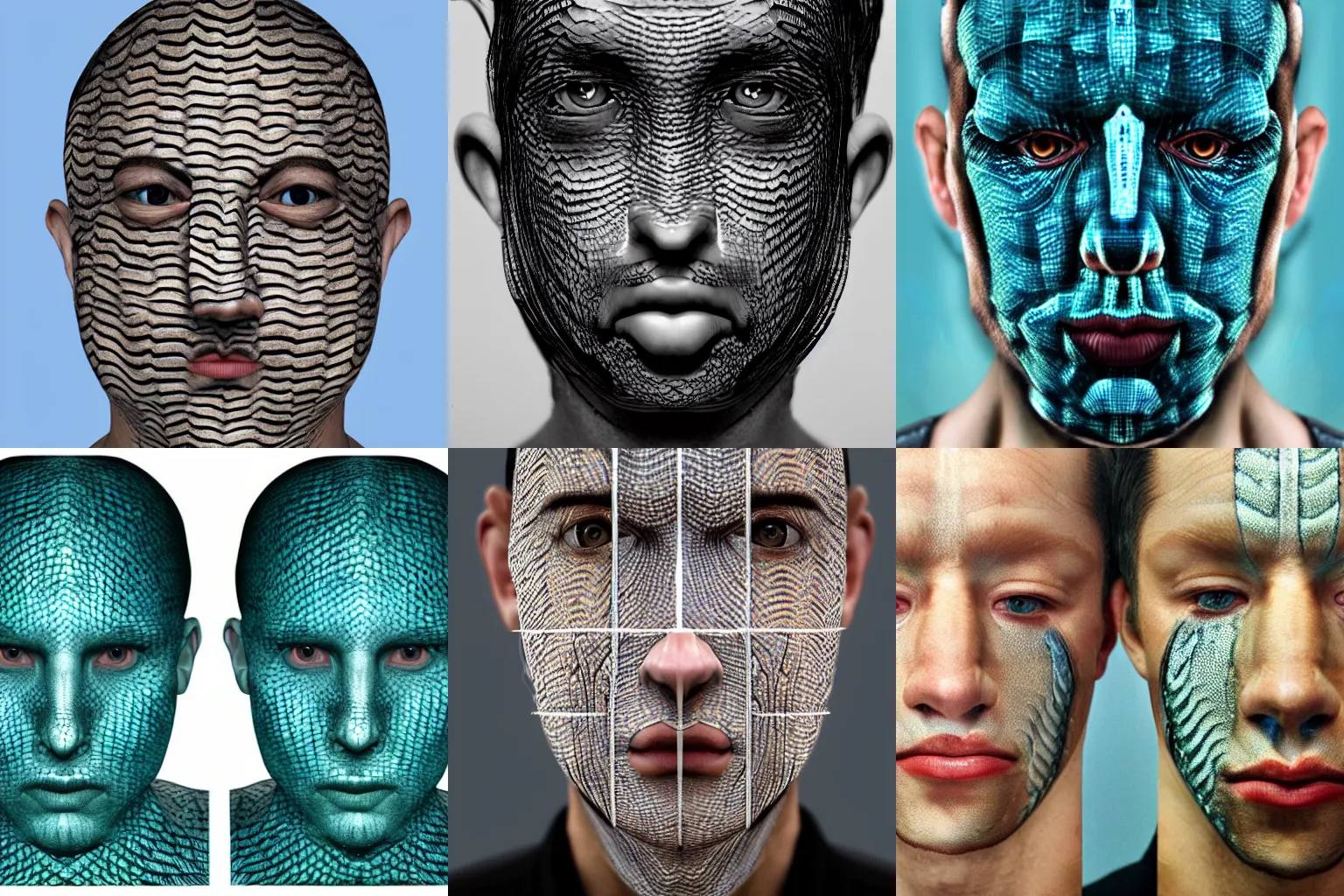 Prompt: Man with fish scales as skin, symmetrical face, photorealistic