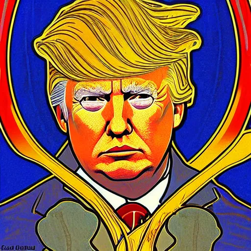 Image similar to detailed art of Donald Trump , by Alphonse Mucha and Gustav Klimt