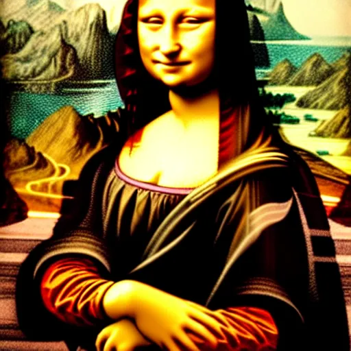 Image similar to A girl that looks like the mona lisa with beautiful switzerland landscape in the background