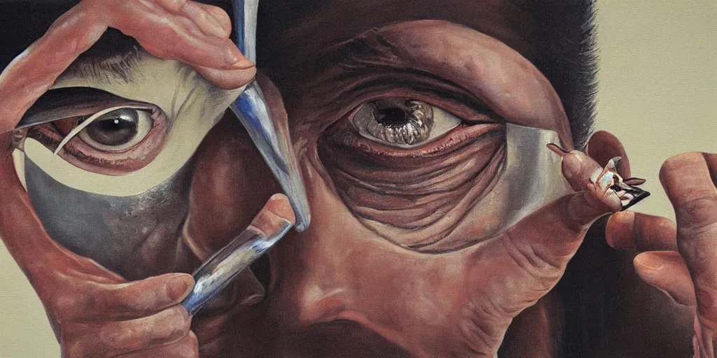 Image similar to a surreal painting of a man removing a nail from the middle of his forehead where he has a third eye