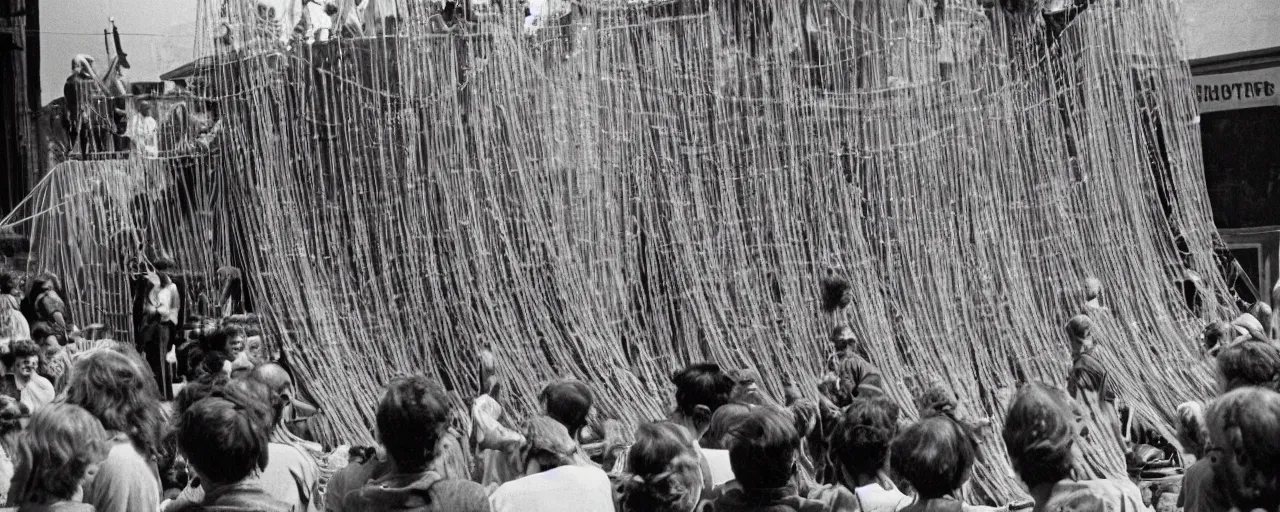 Image similar to hippies standing on a stage made of spaghetti protesting the war, 1 9 6 0's, muted, canon 5 0 mm, cinematic lighting, photography, retro, film, kodachrome