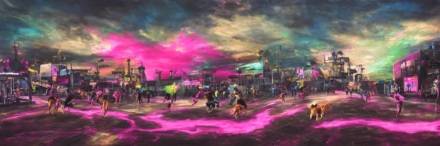 Prompt: oil painting, dog run, pink, ultra detailed, the middle view dog, run, spase dogs and punks running with neon mohawks, space, dark, stars, pirate neon ship with punks on board, neon, rich deep colors masterpiece, contrast, clouds, sky, volumetric light, atmospheric lighting, dramatic, moody, octane render