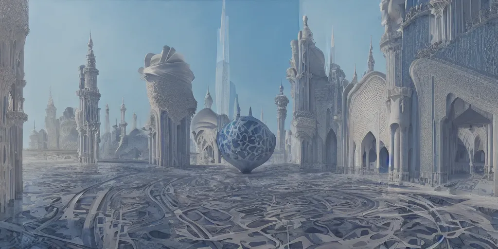 Prompt: a beautiful painting of islamic architecture, city landscape, zaha hadid, louis kahn, fantasy, futuristic, by yves tanguy, trending on artstation, unreal engine