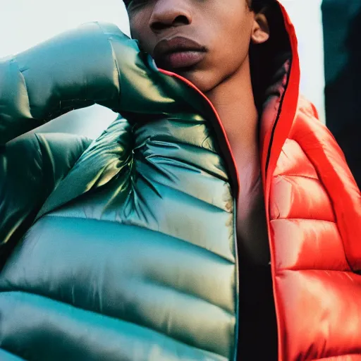 Image similar to realistic photoshooting for a new raf simons lookbook, color film photography, close up, model is wearing a puffer jacket, photo of a woman, photo in style of tyler mitchell, 3 5 mm