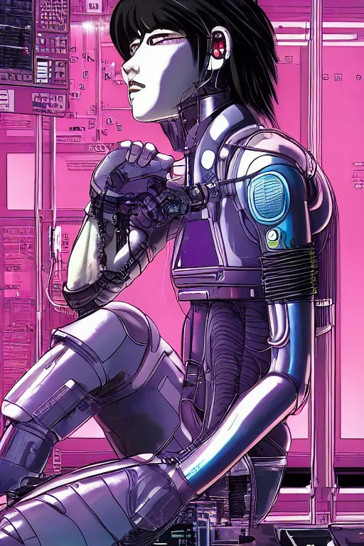 Image similar to cyberpunk illustration of female android motoko kusanagi seen from the side, seated in the lab, with wires and cables coming out of her head and back, by moebius, masamune shirow and katsuhiro otomo, colorful, detailed