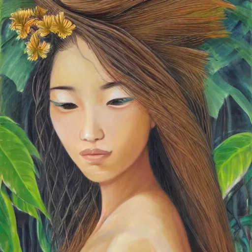 Prompt: a girl in a jungle with a book, her hair flowing down, subtle, intricate details, dynamic pose, real masterpiece, oil on canvas, by somsak anong