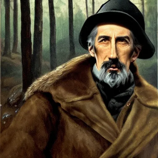 Prompt: a middle aged, martial, stark 19th century eastern european hunter with a large gray goatee and a hat looks similar to Jonathan Hyde and young Christopher Lee and young Christopher Lee. The background is a eastern european forrest. cinematic lighting, forrest green lights, twilight, highly detailed, realistic, antique painting by Hollósy Simon
