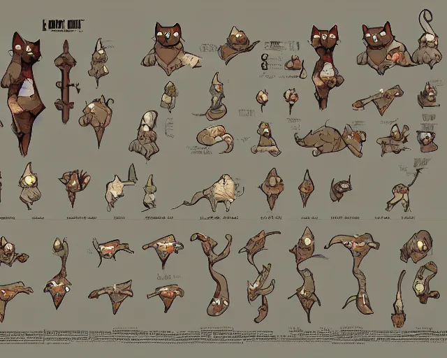 Image similar to king cat character reference sheet, trending on artstation, indie games, digital art, line art