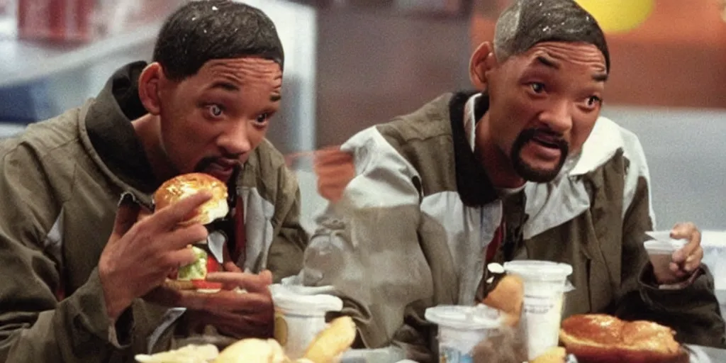 Image similar to e. t will smith sitting in a mc donald ’ s restaurant with an angry expression because he got the wrong hamburger.