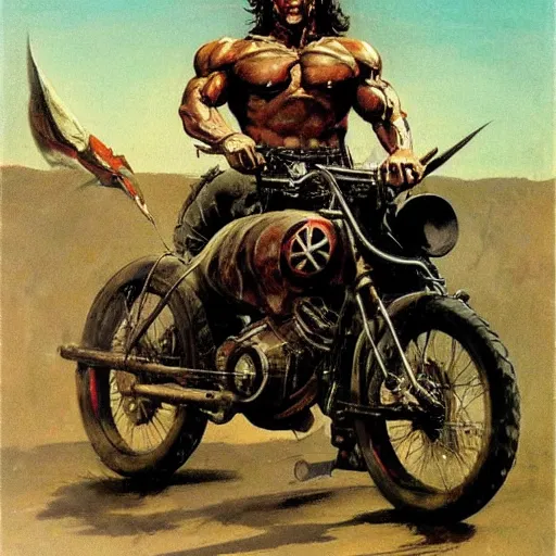 Image similar to into glory ride, artwork by Frank Frazetta, motorcycle, muscular warrior holding sword