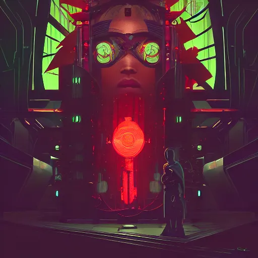 Image similar to a dark shrine of beautiful cyberpunk blindfolded supernatural deitys in a futuristic power plant, sci - fi concept art by bakaarts and darius puia and bartsy and sachin teng and pascal blanche and alphonse mucha and nekro and josan gonzalez, digital art, trending on artstation, 4 k, 8 k