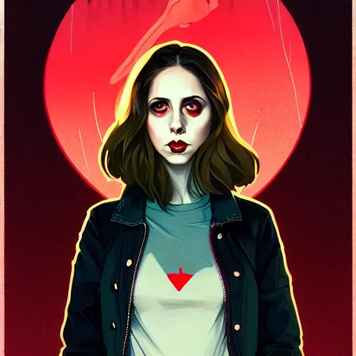 Image similar to loish, artgerm, Joshua Middleton art, pretty Alison Brie serial killer holding bloody knife in right hand, blood on clothes and face, sarcastic smile, symmetrical eyes, symmetrical face, jean jacket, jeans, short blonde hair, middle shot, night time, deep blacks