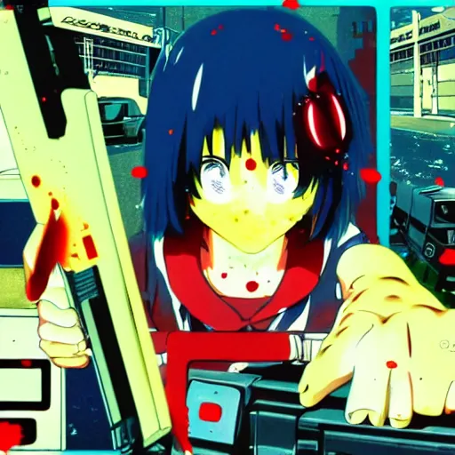 Image similar to 1991 Video Game Screenshot, Anime Neo-tokyo Cyborg bank robbers vs police shootout, bags of money, Police Shot, Bullet Holes, Anime Blood Splatter, Anime VFX, Violent, Action, MP5S, FLCL, Highly Detailed, 8k :4 by Katsuhiro Otomo + Studio Gainax + Arc System Works : 8