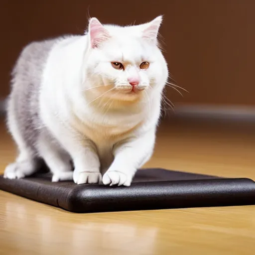 Prompt: very fat cat doing exercise at the gym, photorealistic, hd