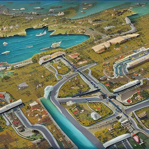 Prompt: overhead dnd map of a modern race track coastal town with large buildings by mike schley, rhads, ray swanland, brian patterson