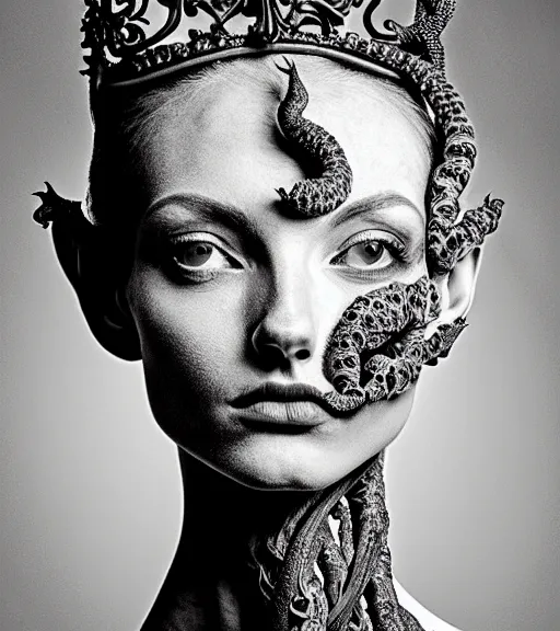 Image similar to dark background, a black and white high quality dreamy photo of a young beautiful female queen-vegetal-dragon-cyborg bust with a very long neck and delicate Mandelbrot fractal face, anatomical, facial muscles, veins, arteries, elegant, highly detailed, flesh highly baroque ornate, hair are curled wired cables, elegant, poetic, dreamy, mysterious, high fashion, rim light, in the style of Ellen von Unwerth, Realistic, Refined, Digital Art, Highly Detailed, Cinematic Lighting, rim light, black and white, photo-realistic, 8K