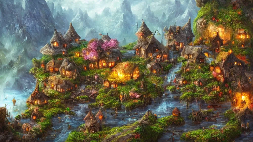 Image similar to a detailed fairy village near some rocks, highly detailed oil painting, epic fantasy art, abstraction, masterpeice, 8k