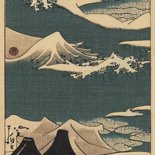 Prompt: japanese city built into a snowy mountain range in ukiyo - e style