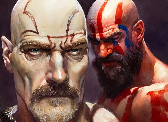 Image similar to a highly detailed beautiful portrait of bryan cranston as kratos, by gregory manchess, james gurney, james jean