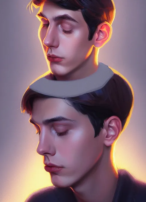 Image similar to portrait of teenage jughead jones wearing a light grey crown, crown, hamburger background, eyes closed, crown, black hair, intricate, elegant, glowing lights, warm lighting, highly detailed, digital painting, artstation, concept art, smooth, sharp focus, illustration, art by wlop, mars ravelo and greg rutkowski