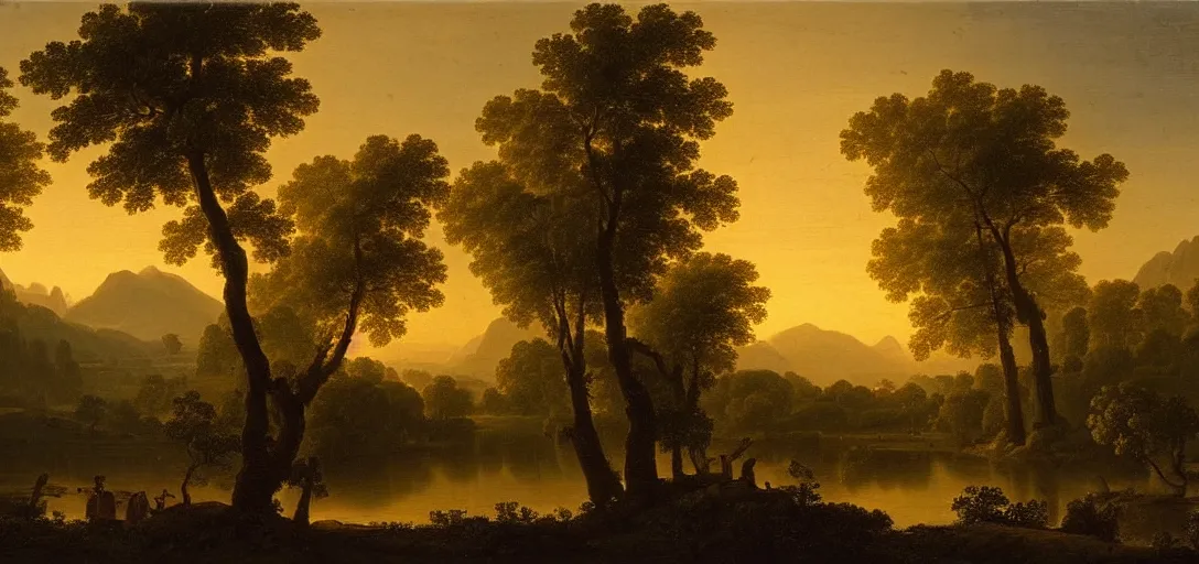 Prompt: a forest with diamond trees at sunset there is golden castle off in the distance, highly detailed landscape painting by claude lorrain, golden hour, misty ominous atmosphere