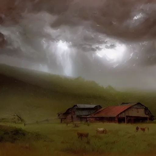 Image similar to a evil thunderstorm overtop a small farm, eerie, craig mullins